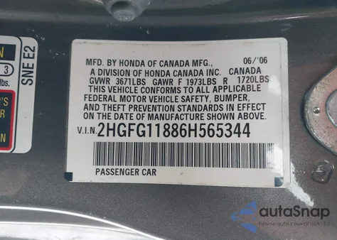 2006 Honda Civic Ex from USA, damaged, VIN 2HGFG11886H565344